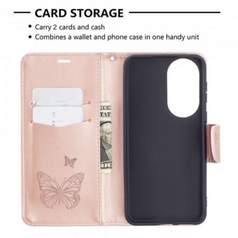 Leren Hoesje Huawei P50 Vlinders En Schuine Klep
