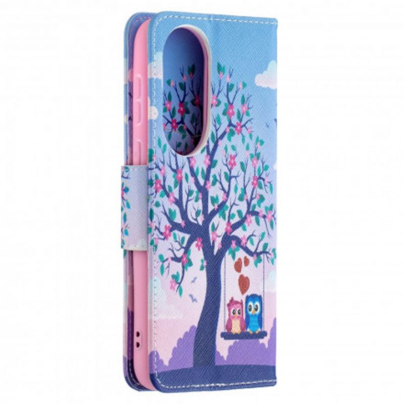 Leren Hoesje Voor Huawei P50 Uilen Op De Schommel