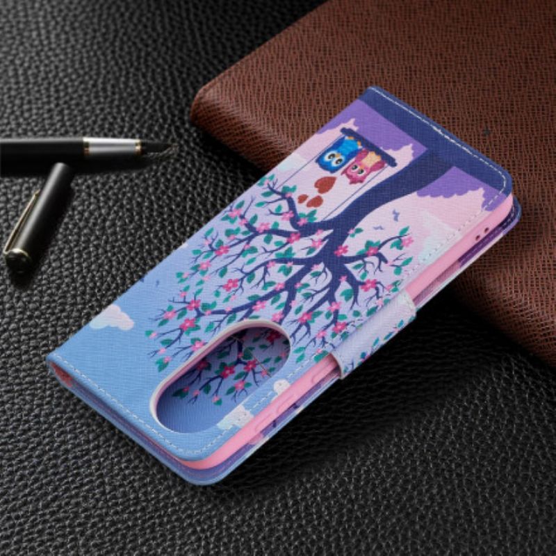 Leren Hoesje Voor Huawei P50 Uilen Op De Schommel