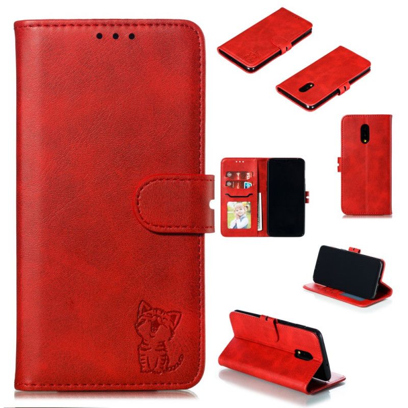 Cover Folio-hoesje OnePlus 7 Rood Grijs Telefoonhoesje Kitten