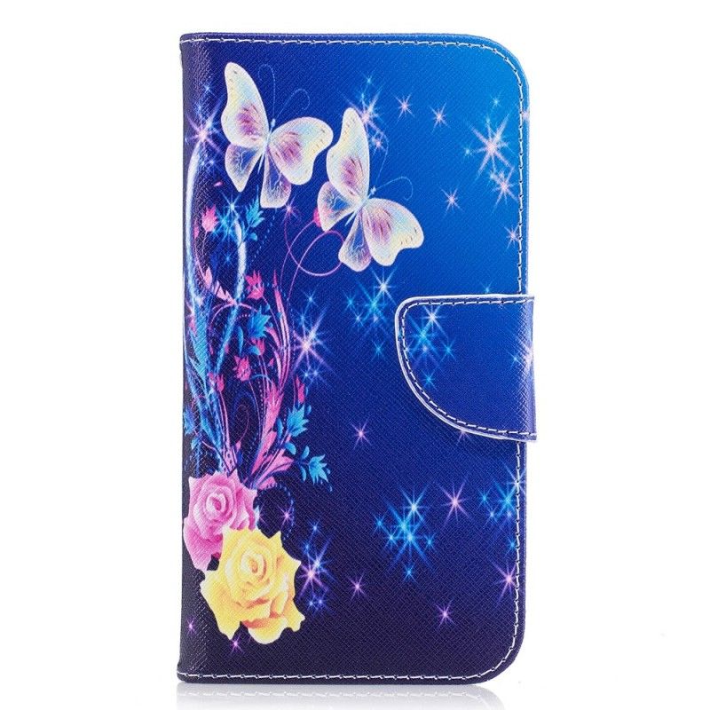 Bescherming Hoesje Samsung Galaxy J7 2017 Lichtblauw Roze Vlinders In De Nacht