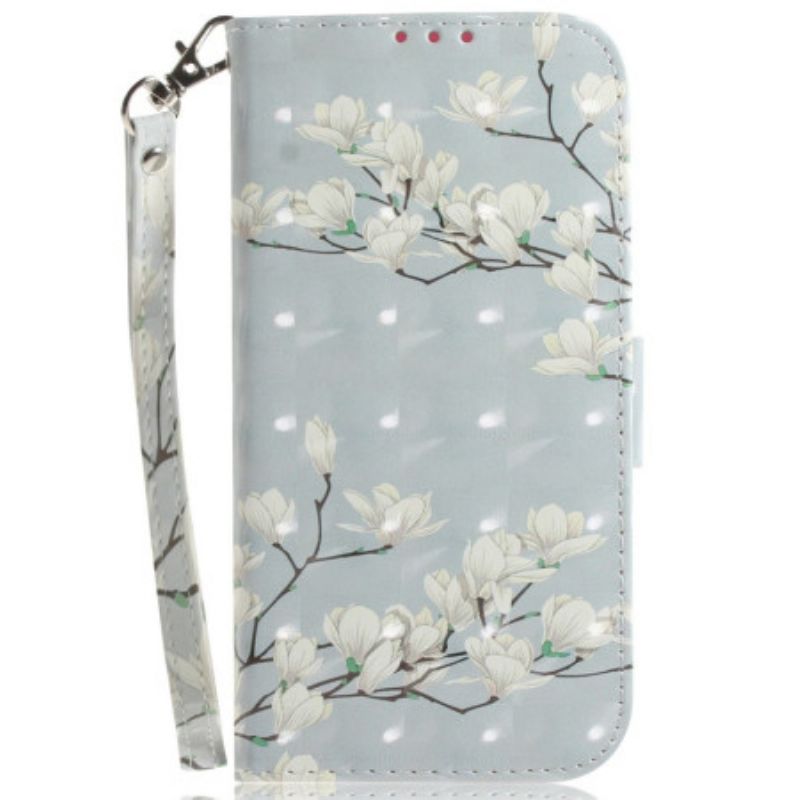 Leren Hoesje Voor Xiaomi Redmi Note 15 5g Witte Magnolia's Met Koord