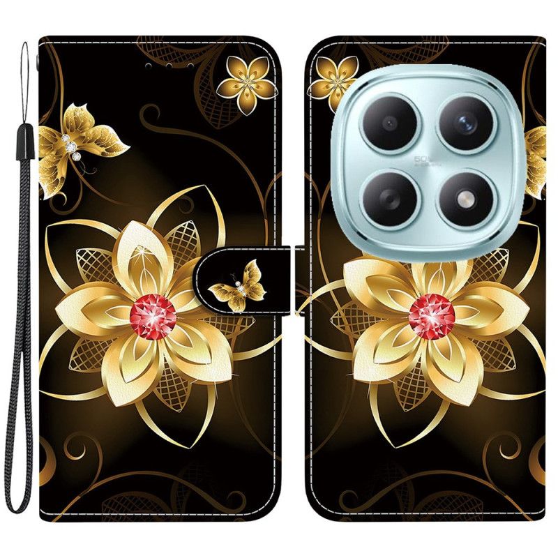 Leren Hoesje Xiaomi Redmi Note 15 5g Gouden Bloem Bescherming Hoesje