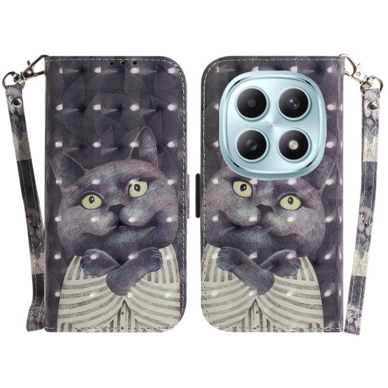 Leren Hoesje Xiaomi Redmi Note 15 5g Grijze Kat Met Koord Bescherming Hoesje