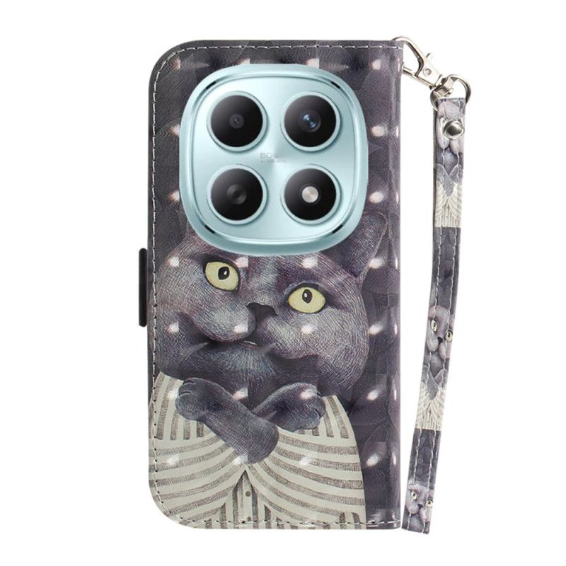 Leren Hoesje Xiaomi Redmi Note 15 5g Grijze Kat Met Koord Bescherming Hoesje