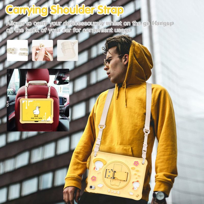Hoesje iPad (2025) Eend Met Standaard En Schouderriem Voor Kinderen Bescherming Hoesje