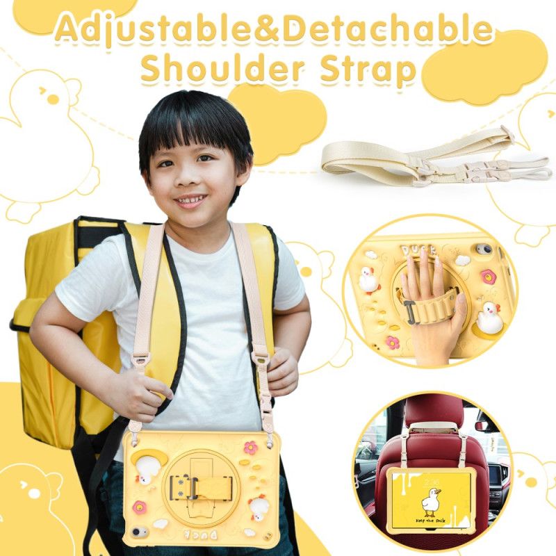 Hoesje iPad (2025) Eend Met Standaard En Schouderriem Voor Kinderen Bescherming Hoesje