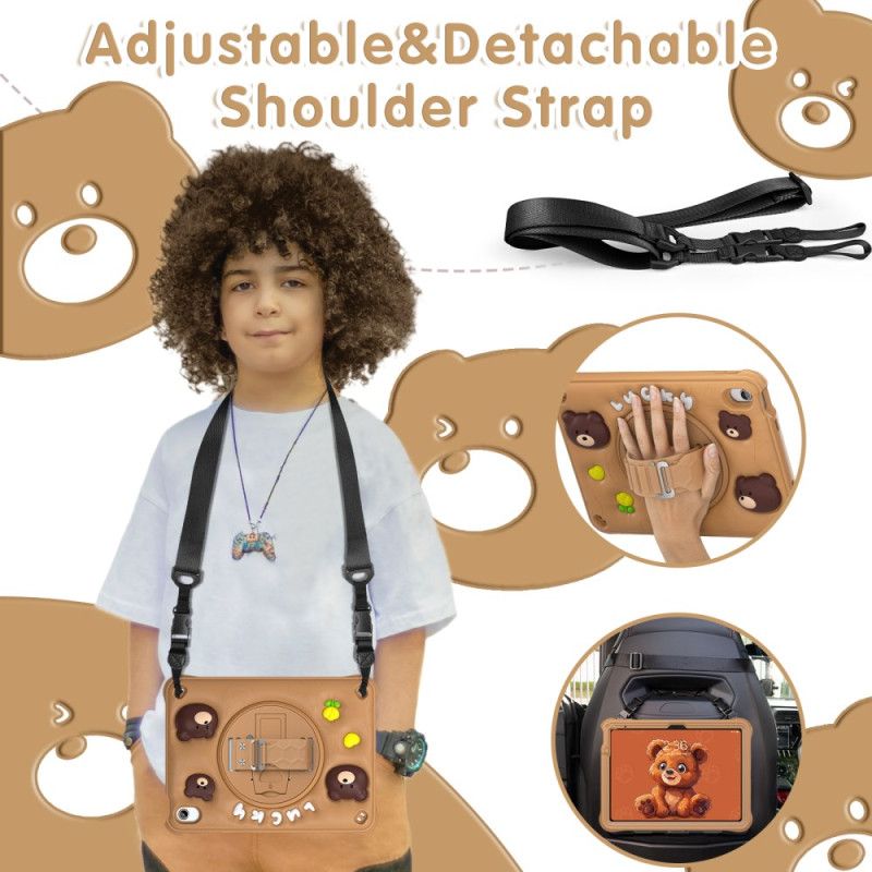 Hoesje iPad (2025) Kinderriem Met Beer En Schouderband