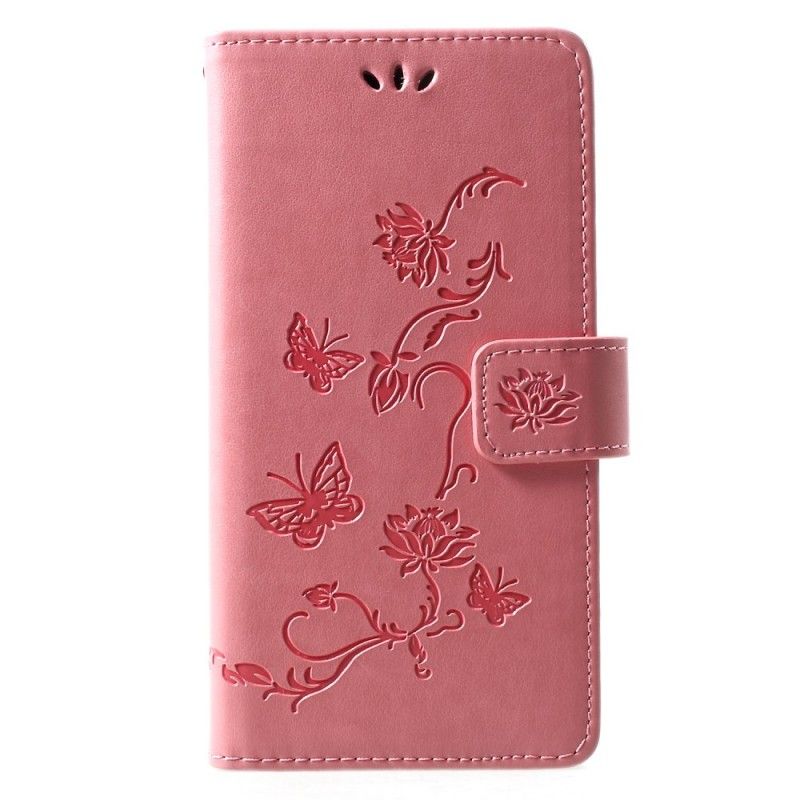 Leren Hoesje voor Huawei P30 Lite Rood Zwart Vlinders En Stringbloemen