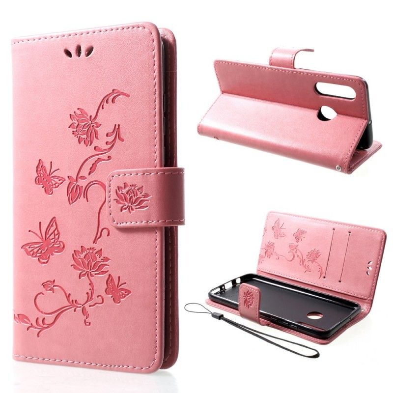 Leren Hoesje voor Huawei P30 Lite Rood Zwart Vlinders En Stringbloemen