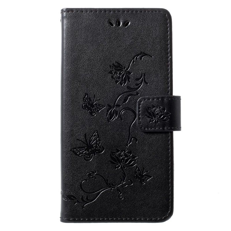Leren Hoesje voor Huawei P30 Lite Rood Zwart Vlinders En Stringbloemen
