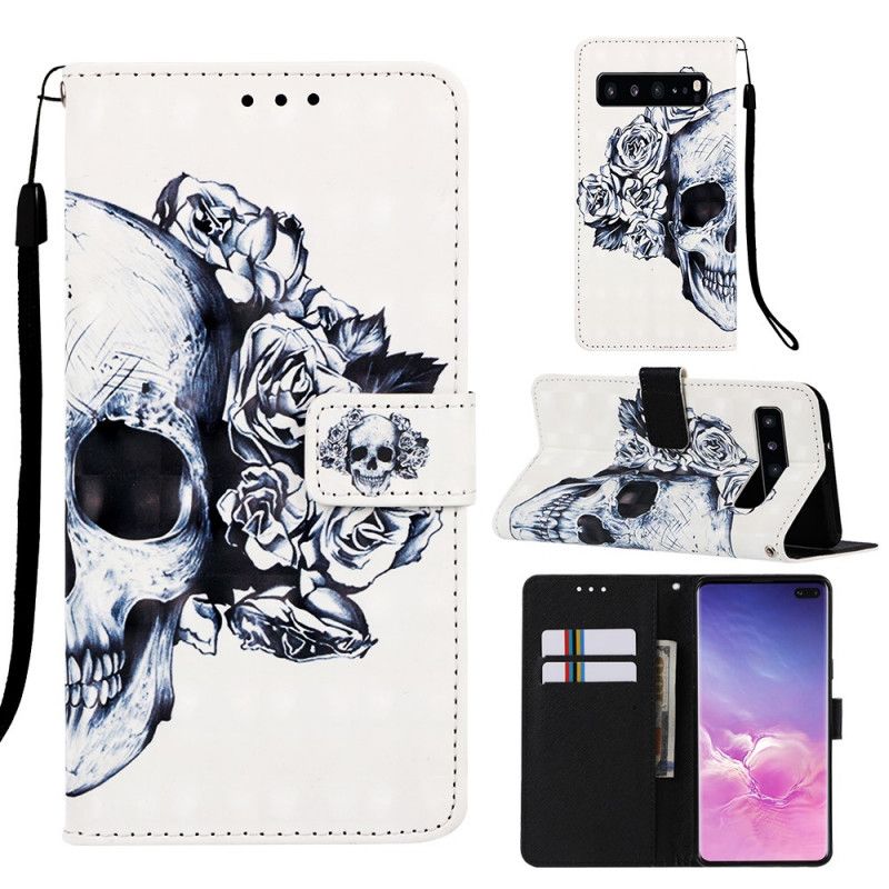 Cover Folio-hoesje Samsung Galaxy S10 5G Donkerblauw Wit Telefoonhoesje Gebloemde Schedel