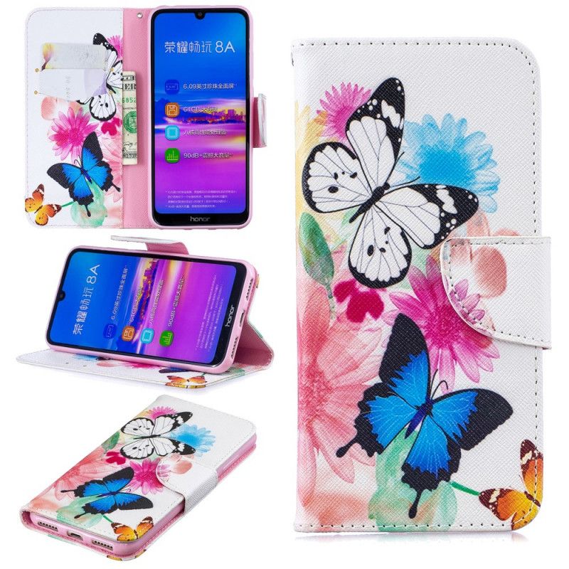 Leren Hoesje voor Honor 8A Lichtblauw Magenta Geschilderde Vlinders En Bloemen