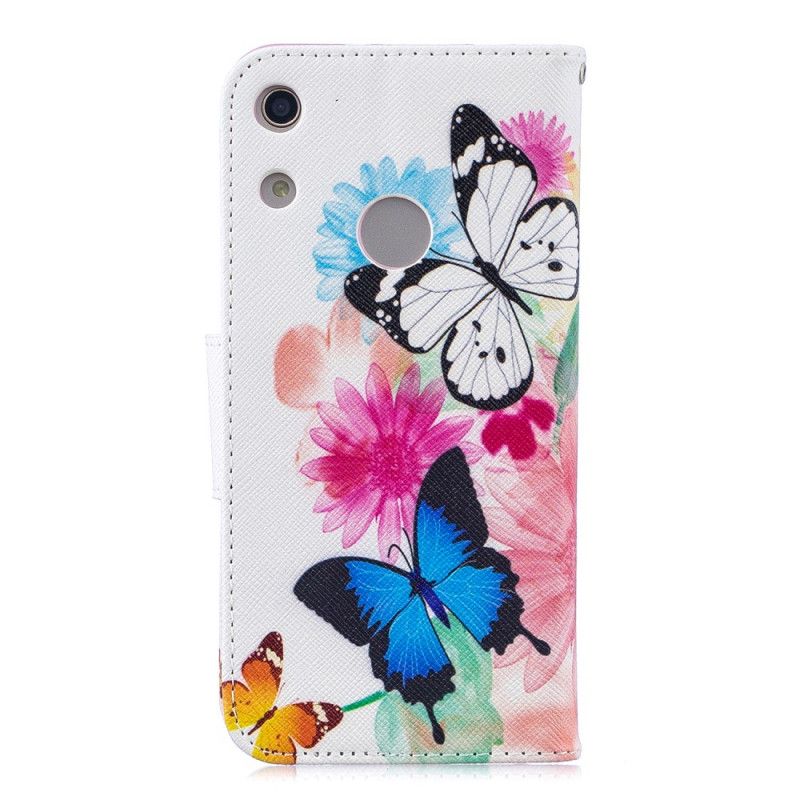 Leren Hoesje voor Honor 8A Lichtblauw Magenta Geschilderde Vlinders En Bloemen