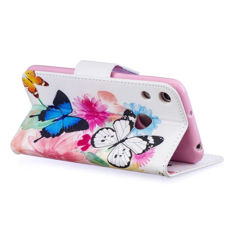 Leren Hoesje voor Honor 8A Lichtblauw Magenta Geschilderde Vlinders En Bloemen