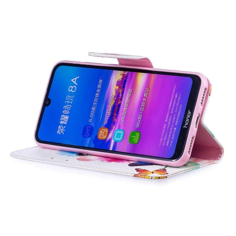 Leren Hoesje voor Honor 8A Lichtblauw Magenta Geschilderde Vlinders En Bloemen