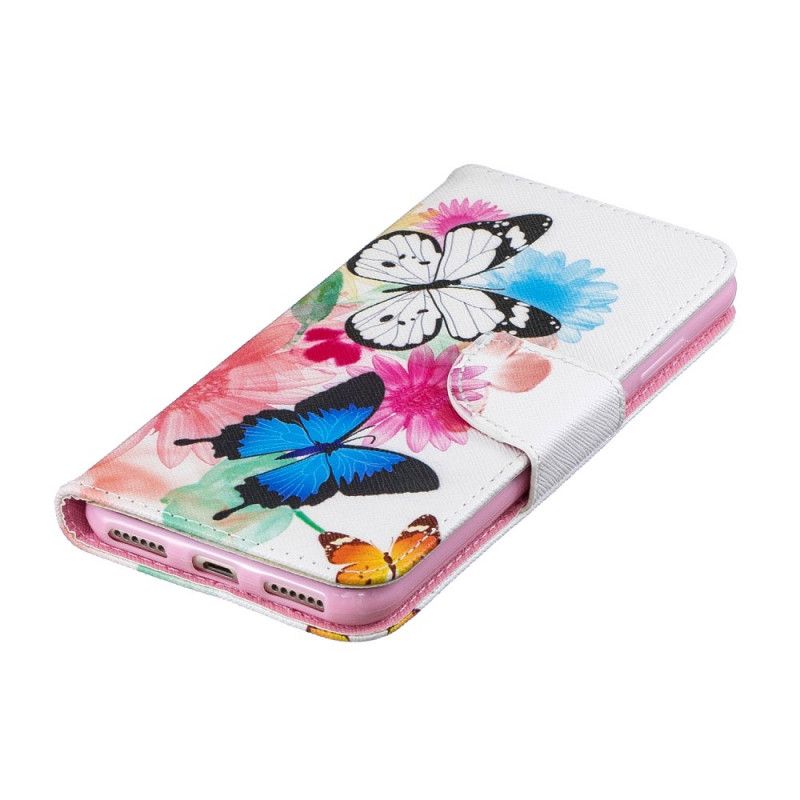 Leren Hoesje voor Honor 8A Lichtblauw Magenta Geschilderde Vlinders En Bloemen