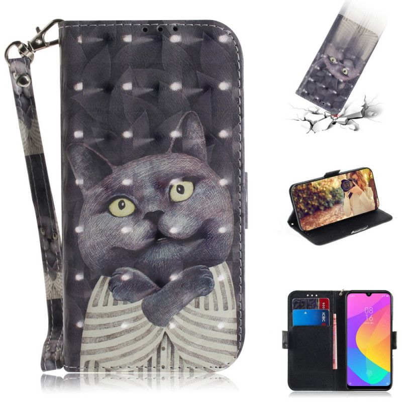 Leren Hoesje Xiaomi Mi A3 Grijze Kat Met String