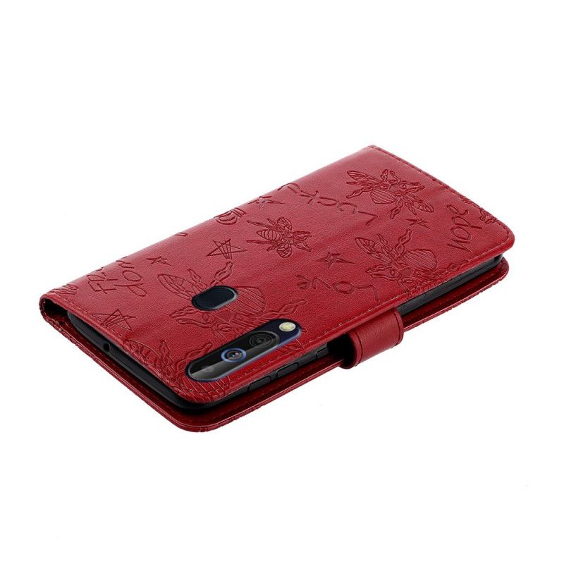 Cover Folio-hoesje Samsung Galaxy A20s Goud Rood Telefoonhoesje Glimlach Bijen Charme