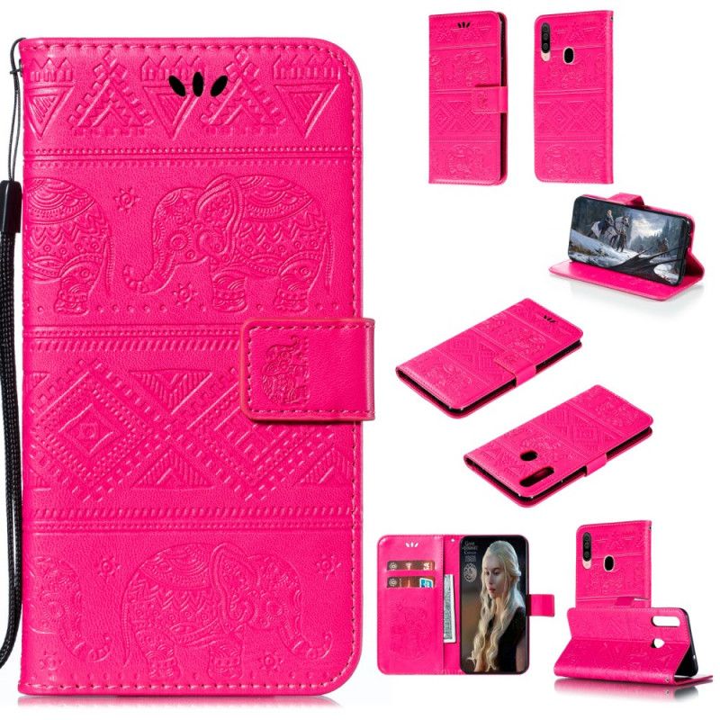 Leren Hoesje voor Samsung Galaxy A20s Donkerblauw Magenta Kunstleer Tribale Olifanten