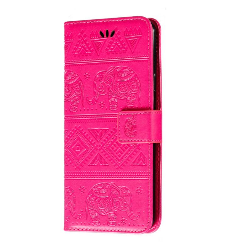 Leren Hoesje voor Samsung Galaxy A20s Donkerblauw Magenta Kunstleer Tribale Olifanten