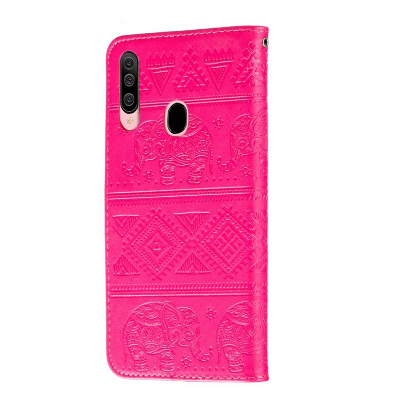 Leren Hoesje voor Samsung Galaxy A20s Donkerblauw Magenta Kunstleer Tribale Olifanten