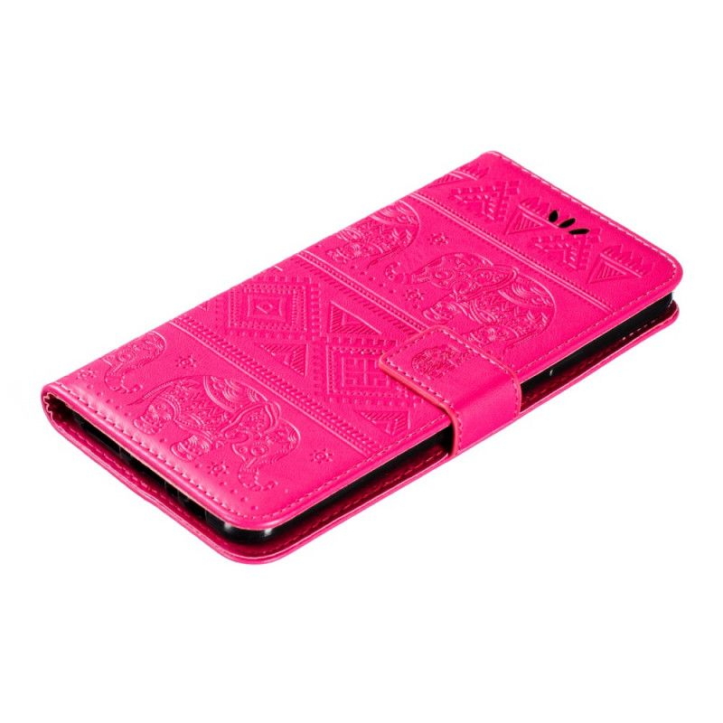 Leren Hoesje voor Samsung Galaxy A20s Donkerblauw Magenta Kunstleer Tribale Olifanten