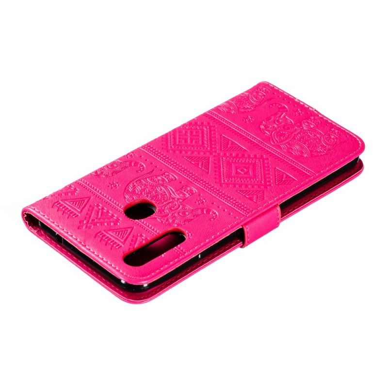 Leren Hoesje voor Samsung Galaxy A20s Donkerblauw Magenta Kunstleer Tribale Olifanten