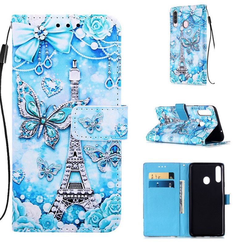 Leren Hoesje voor Samsung Galaxy A20s Eiffeltoren Vlinders Met String