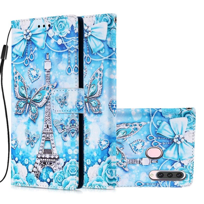 Leren Hoesje voor Samsung Galaxy A20s Eiffeltoren Vlinders Met String