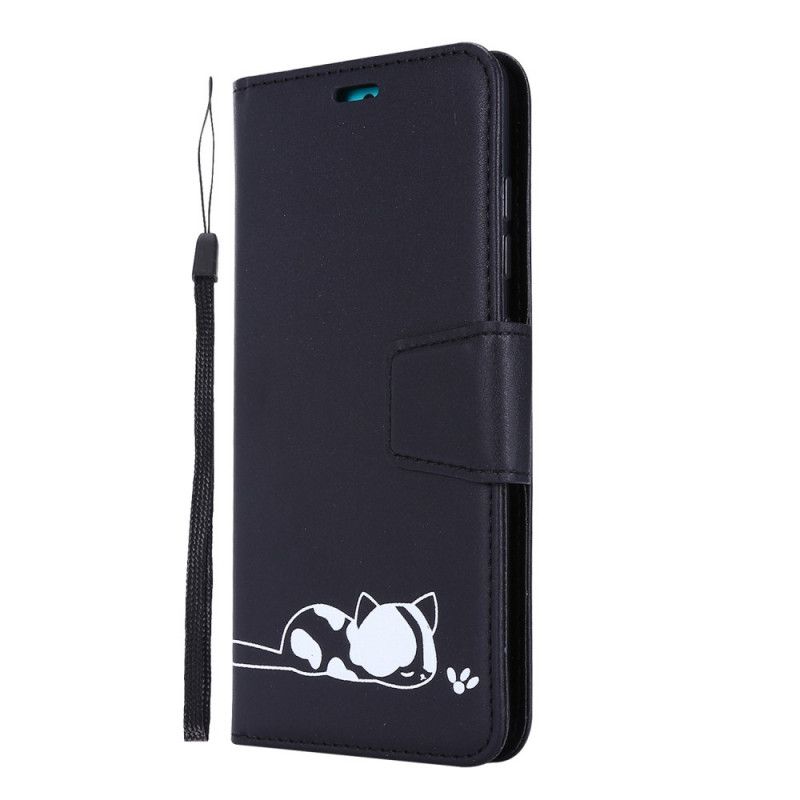 Cover Folio-hoesje Samsung Galaxy A51 Wit Zwart Telefoonhoesje Slapende Kat
