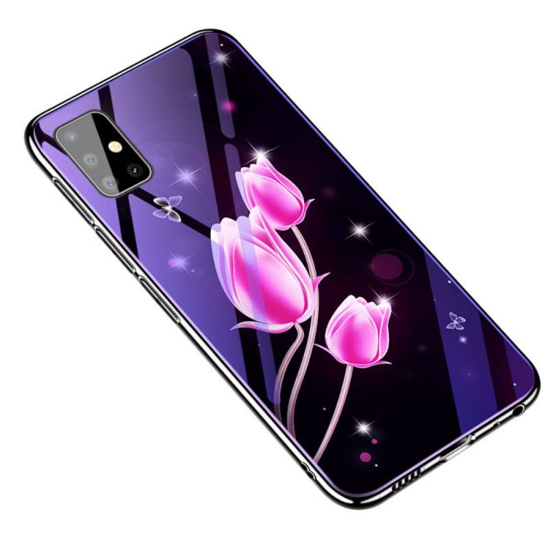 Hoesje Samsung Galaxy A51 Roze Gehard Glas En Bloemensilicone