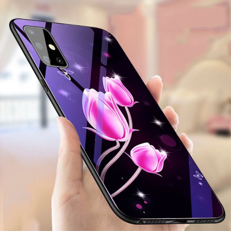 Hoesje Samsung Galaxy A51 Roze Gehard Glas En Bloemensilicone