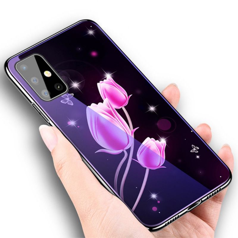 Hoesje Samsung Galaxy A51 Roze Gehard Glas En Bloemensilicone