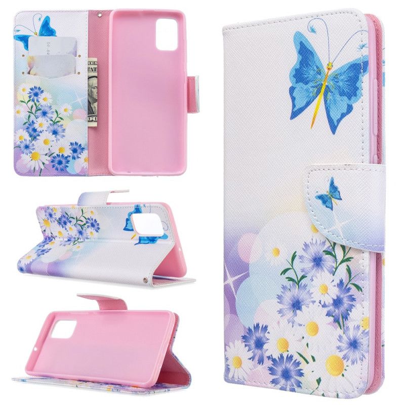 Leren Hoesje Samsung Galaxy A51 Lichtblauw Magenta Telefoonhoesje Geschilderde Vlinders En Bloemen