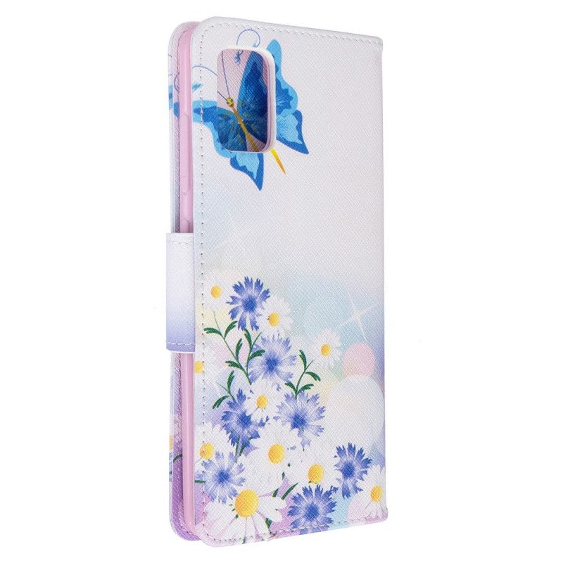 Leren Hoesje Samsung Galaxy A51 Lichtblauw Magenta Telefoonhoesje Geschilderde Vlinders En Bloemen