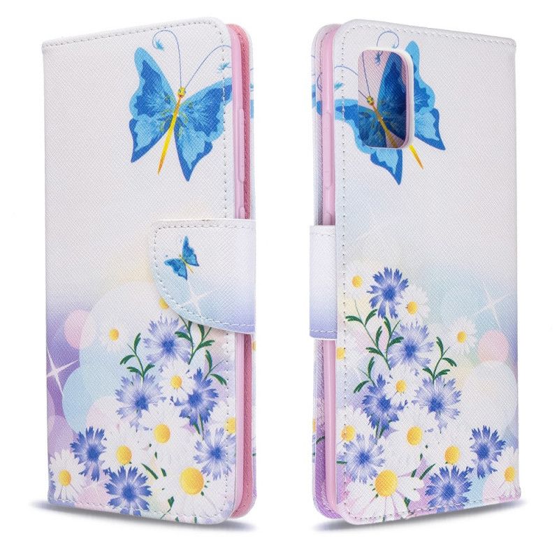 Leren Hoesje Samsung Galaxy A51 Lichtblauw Magenta Telefoonhoesje Geschilderde Vlinders En Bloemen