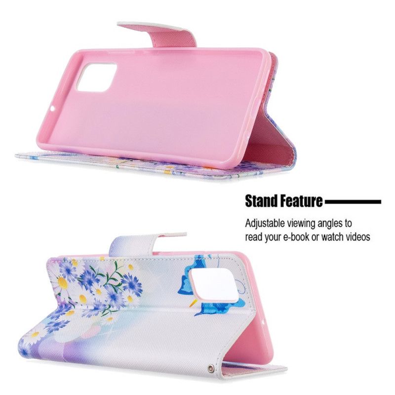 Leren Hoesje Samsung Galaxy A51 Lichtblauw Magenta Telefoonhoesje Geschilderde Vlinders En Bloemen