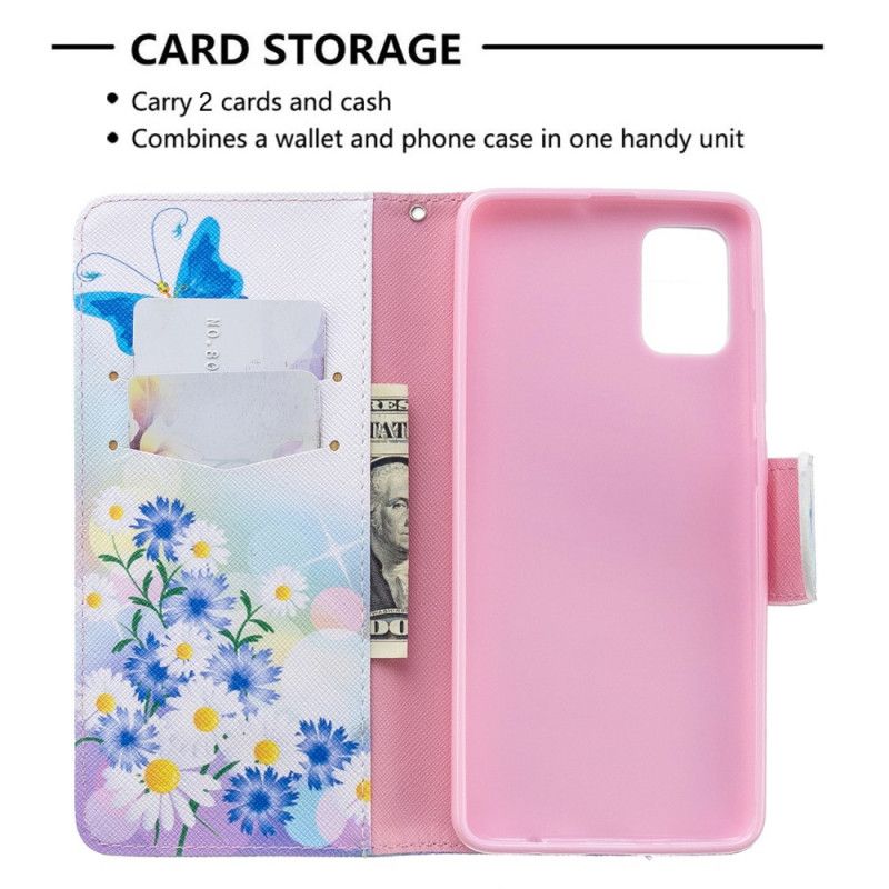Leren Hoesje Samsung Galaxy A51 Lichtblauw Magenta Telefoonhoesje Geschilderde Vlinders En Bloemen