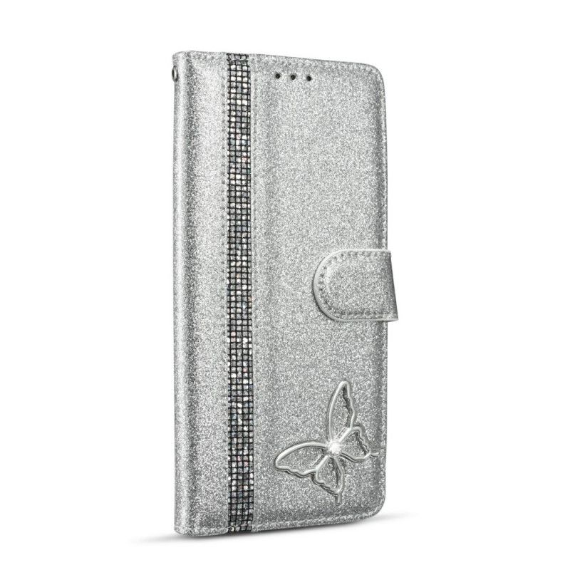 Leren Hoesje Samsung Galaxy A51 Zilver Magenta Juweel Vlinder Op Pailletten