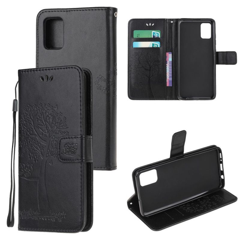 Leren Hoesje voor Samsung Galaxy A51 Grijs Zwart Boom En String Uilen
