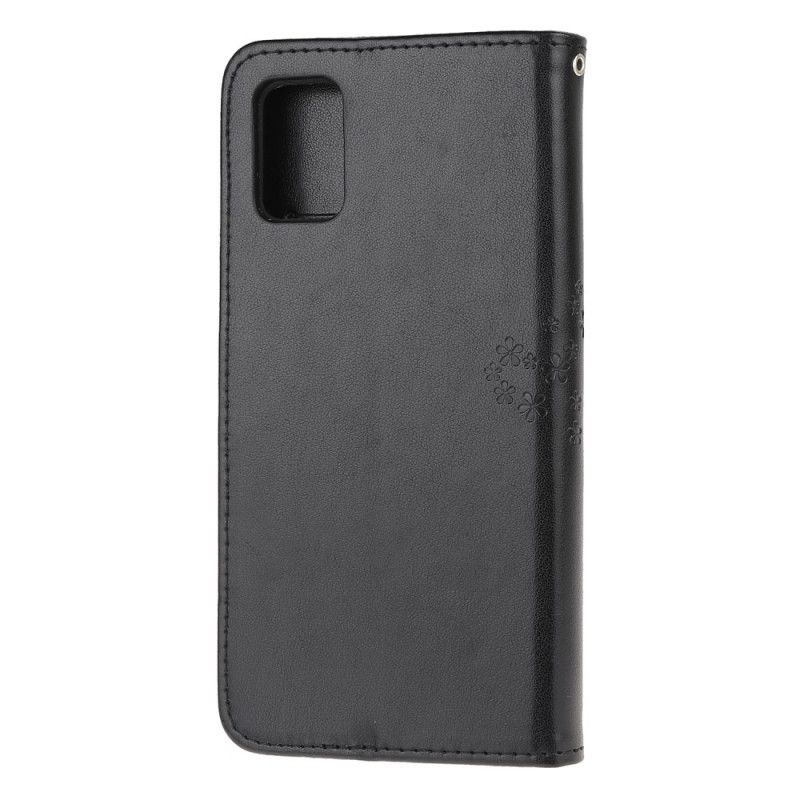 Leren Hoesje voor Samsung Galaxy A51 Grijs Zwart Boom En String Uilen