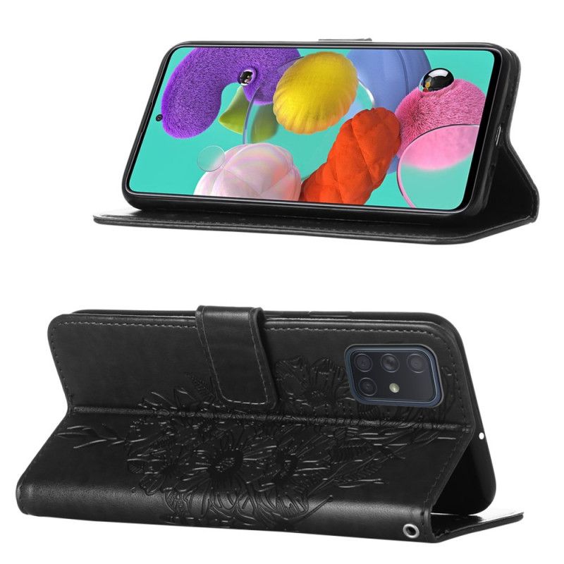 Leren Hoesje voor Samsung Galaxy A51 Grijs Zwart Design Vlinder Met Riem