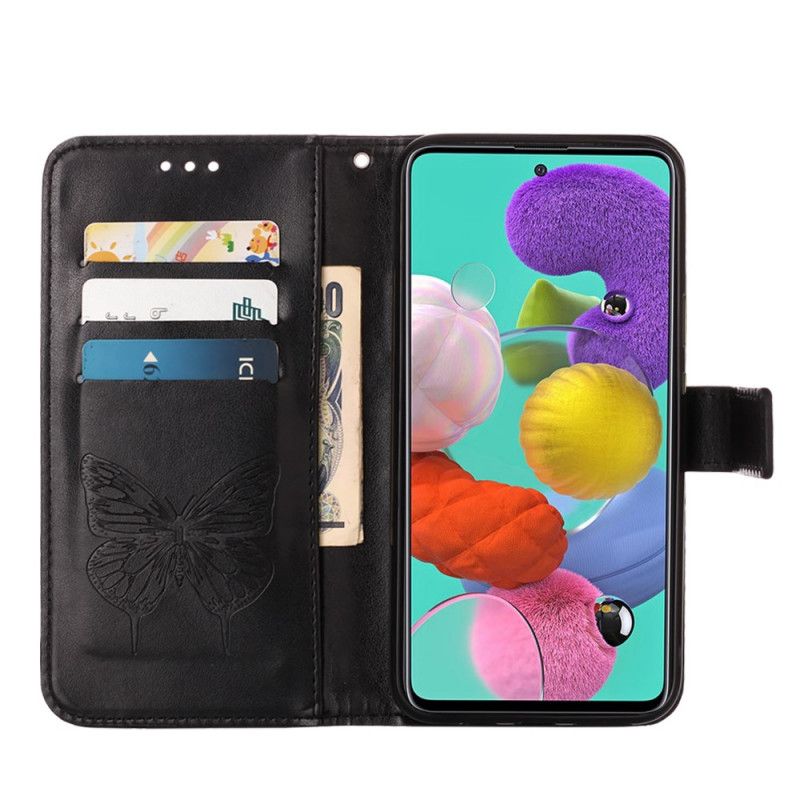 Leren Hoesje voor Samsung Galaxy A51 Grijs Zwart Design Vlinder Met Riem