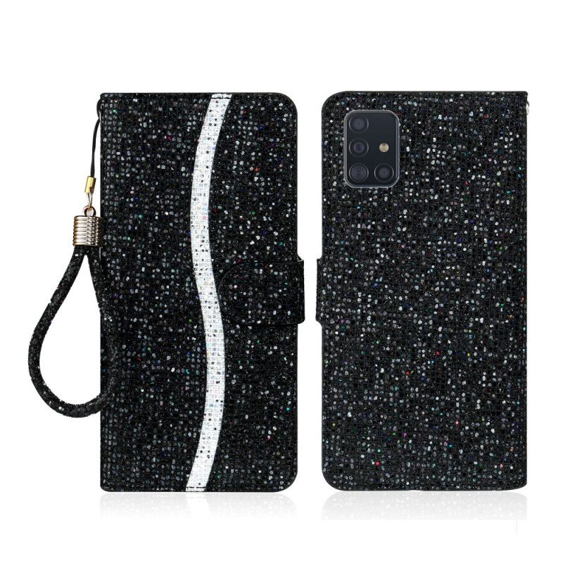 Leren Hoesje voor Samsung Galaxy A51 Zilver Zwart Ontwerp Met Glitter