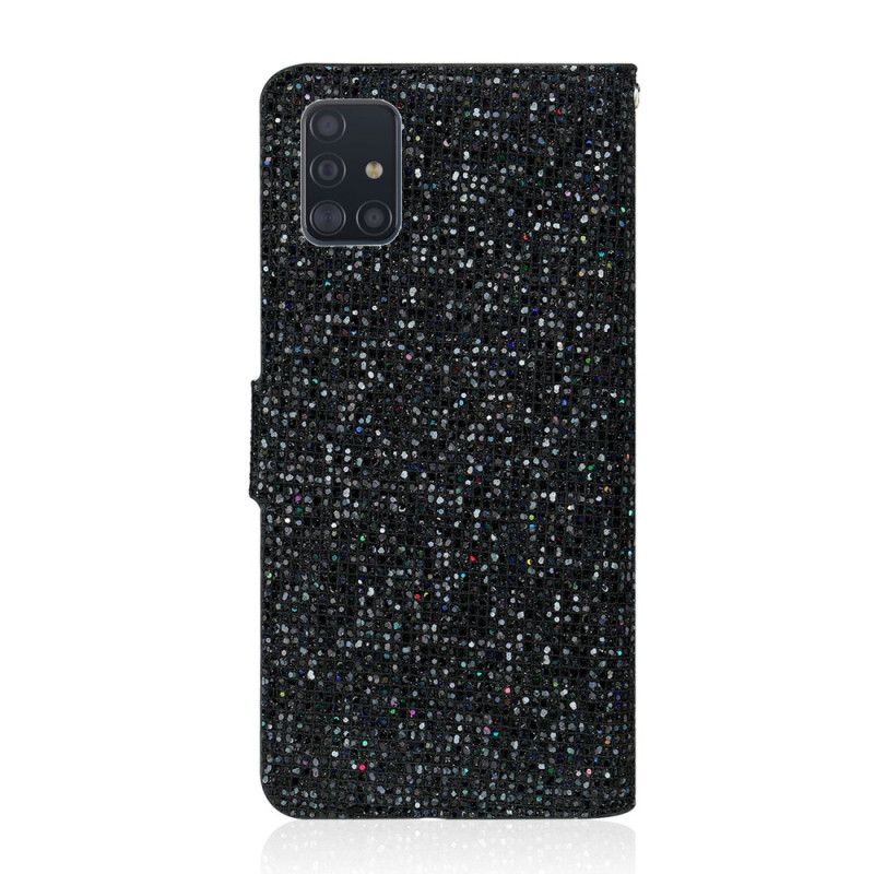 Leren Hoesje voor Samsung Galaxy A51 Zilver Zwart Ontwerp Met Glitter