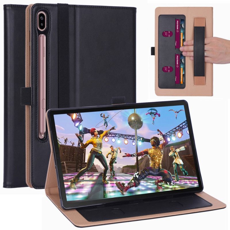 Cover Samsung Galaxy Tab S6 Paars Zwart Lederen Stijl Met Riem