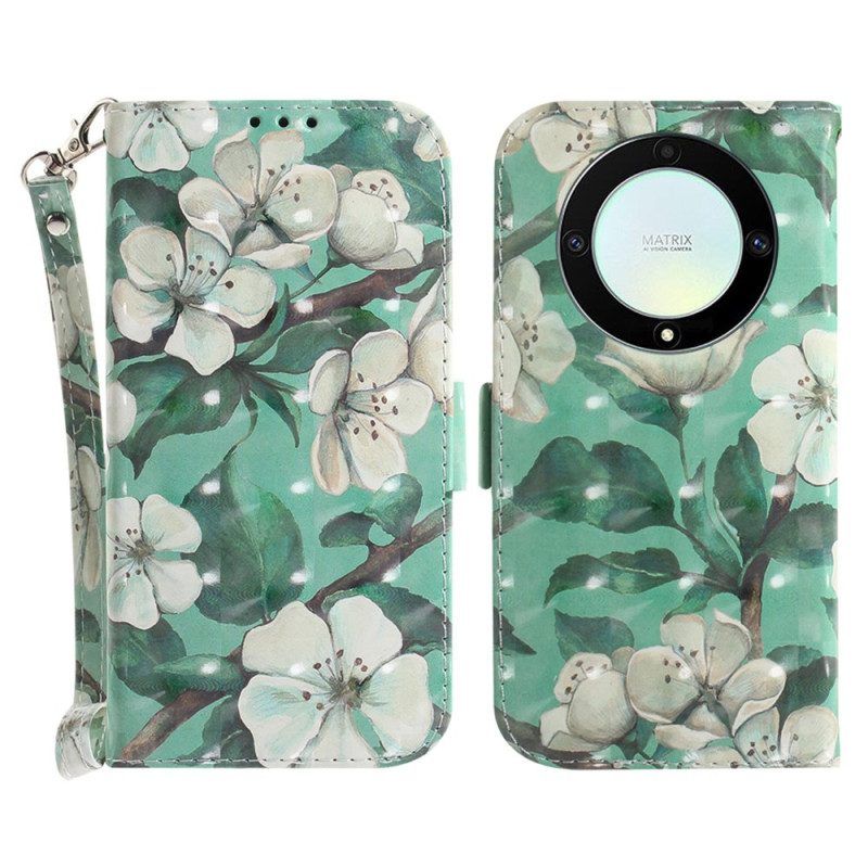 Flip Case voor Honor Magic 5 Lite Met Ketting Witte Bloemen Met Bandjes