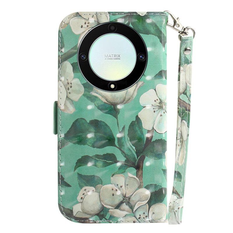 Flip Case voor Honor Magic 5 Lite Met Ketting Witte Bloemen Met Bandjes