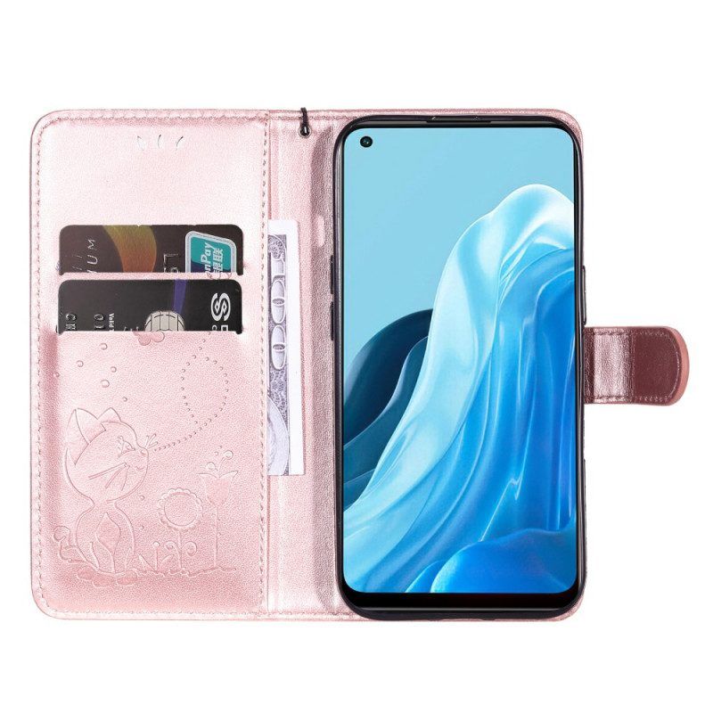 Flip Case voor Oppo Find X5 Lite Met Ketting String Katten En Bijen